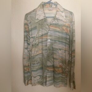 ‘70s Vintage Disco Shirt Mens Large Palm Trees Ocean Sunset